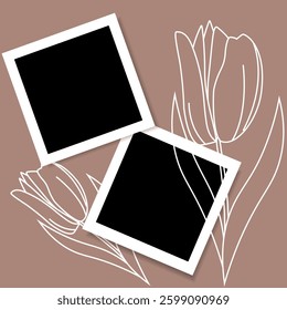 Group of life-like photo frame mockups for scrapbooks, highlighted by shadows and flowers tulip in flat style. Spring vector illustration
