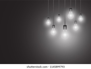 Group of light bulb hanging from ceiling isolated on the dark wall background. Minimal vector illustration design with EPS10