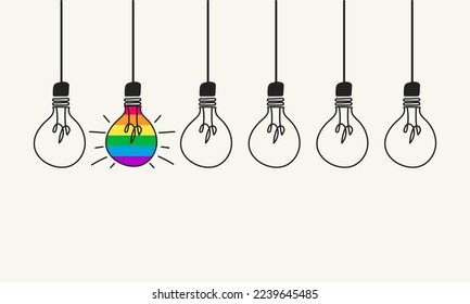 Group of light bulbs, one of them with the pride flag. Equality in business, Creative ideas for innovation, knowledgeable leader. Gender equality