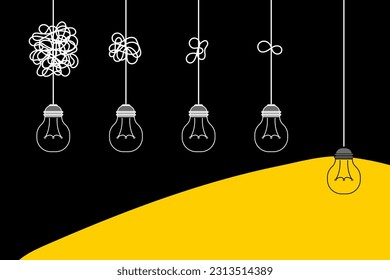 Group of lightbulb with tangled line to straight. Problem solving and brainstorming Idea concept. Vector illustration