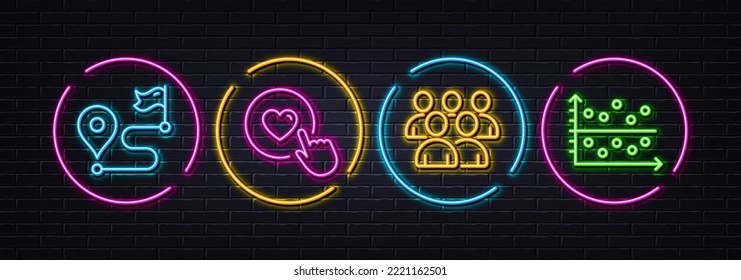 Group, Like button and Journey minimal line icons. Neon laser 3d lights. Dot plot icons. For web, application, printing. Developers, Press love, Trip distance. Presentation graph. Vector