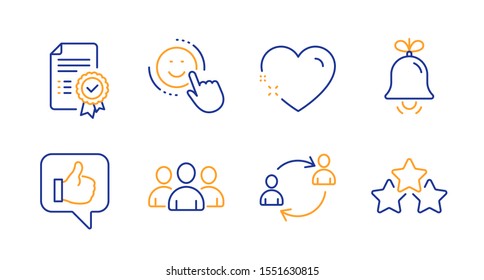 Group, Like and Smile line icons set. Heart, Bell and Certificate signs. User communication, Ranking stars symbols. Group of users, Thumbs up. Business set. Line group icon. Vector