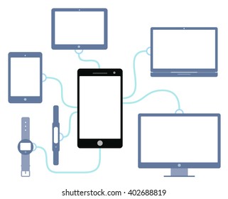 Group of line connected mobile devices and Monitor/TV Set vector illustration