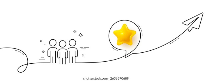 Group line icon. Continuous line with share plane. Business teamwork sign. Meeting people symbol. 3d star in speech bubble. Group single line ribbon. Loop curve pattern. Vector