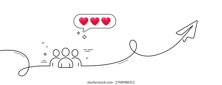 Group line icon. Continuous line with share plane. Users or Teamwork sign. Person silhouette symbol. Hearts rate review in speech bubble. Group single line ribbon. Loop curve pattern. Vector