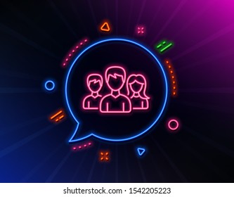 Group line icon. Neon laser lights. Users or Teamwork sign. Male and Female Person silhouette symbol. Glow laser speech bubble. Neon lights chat bubble. Banner badge with teamwork icon. Vector