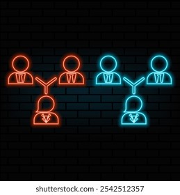 Group line icon. Neon laser lights. Users or Teamwork sign. Male and Female Person silhouette symbol. Glow laser speech bubble. Neon lights chat bubble. Banner badge with teamwork icon. Vector.