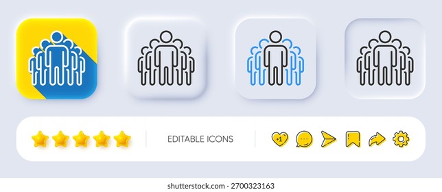 Icono de línea de grupo. Neumórfico, Sombra plana, Botones 3D. Signo de gestión empresarial. Símbolo de trabajo en equipo. Icono de grupo de líneas. Iconos de redes sociales. Vector