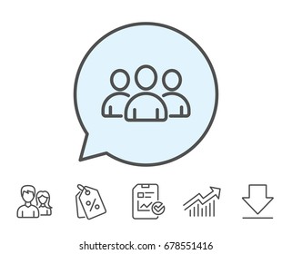 Group line icon. Users or Teamwork sign. Person silhouette symbol. Report, Sale Coupons and Chart line signs. Download, Group icons. Editable stroke. Vector