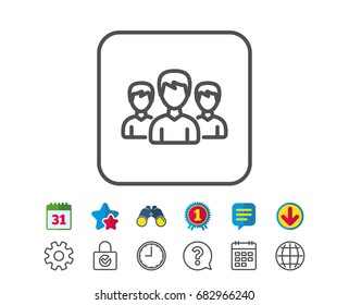 Group line icon. Users or Teamwork sign. Male Person silhouette symbol. Calendar, Globe and Chat line signs. Binoculars, Award and Download icons. Editable stroke. Vector