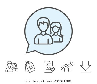 Group line icon. Users or Teamwork sign. Male and Female Person silhouette symbol. Report, Sale Coupons and Chart line signs. Download, Group icons. Editable stroke. Vector