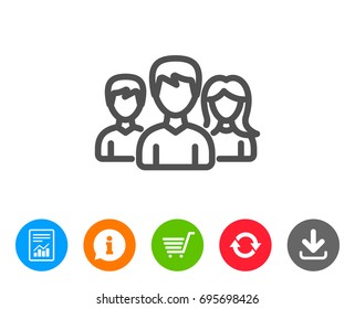 Group line icon. Users or Teamwork sign. Male and Female Person silhouette symbol. Report, Information and Refresh line signs. Shopping cart and Download icons. Editable stroke. Vector