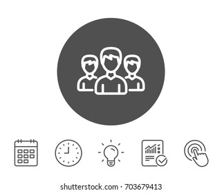 Group line icon. Users or Teamwork sign. Male Person silhouette symbol. Report, Clock and Calendar line signs. Light bulb and Click icons. Editable stroke. Vector