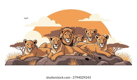 Group of lionesses lying on rocks