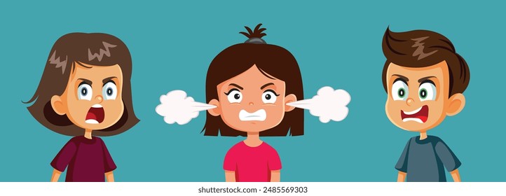 
Group of Little Angry Kids Feeling Infuriated Vector Cartoon Illustration. Upset kids fighting with each out shouting loudly 
