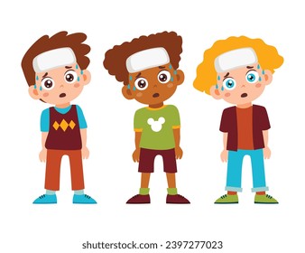 Group of Little Boy Sick. Unhealthy Children Boys using fever. Unwell caused by flu symptom hot temperature disease Activity Isolated Element Objects. Flat Style Icon Vector Illustration