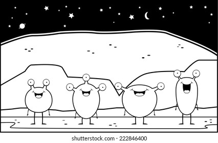 A group of little cartoon Martians on Mars.