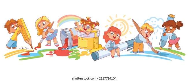 Group of little children draw big art together with large school supplies. Colorful cartoon characters. Funny vector illustration. Isolated on white background. Seamless panorama