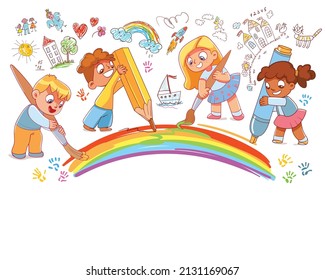 Group of little children draw rainbow together with large school supplies. Colorful cartoon characters. Funny vector illustration. Template for design. Isolated on white background