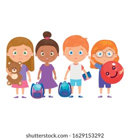 group of little children with school bag and toys vector illustration design
