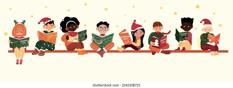 Group of little children in winter clothes reading Christmas sto