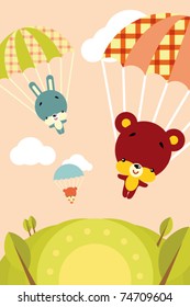 Group of little cute animals flying by parachutes