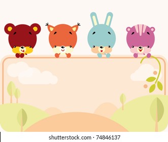 Group of little cute animals holding a blank sign for your message