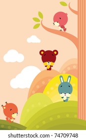 Group of little cute animals on a background of stylized landscape