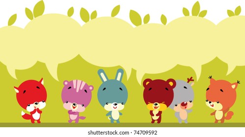 Group of little cute animals talking with bubbles to place text