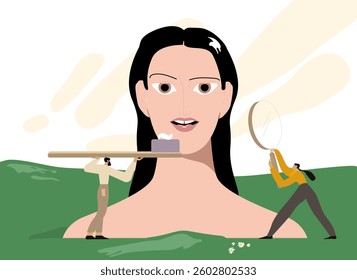 Group of little dentists taking care of a woman's big teeth. Flat Vector Illustration.