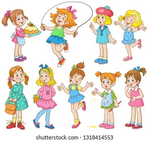 Group of little girls in different poses and with different objects . In cartoon style. Isolated on white background. Vector illustration.