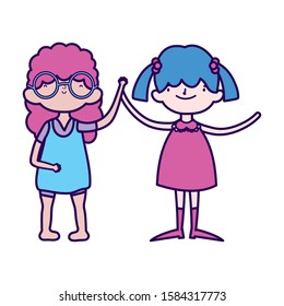 group little girls friends cartoon character vector illustration