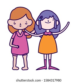 group little girls friends cartoon character vector illustration