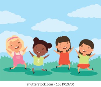 group of little interracial girls characters vector illustration design