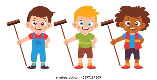 Group of Little Kid Cleaning Up Pose Collection. Children Boys Standing with mob, Daily Routine Activity Isolated Element Objects. Flat Style Icon Vector Illustration