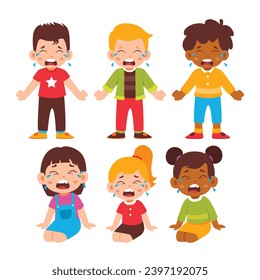 Colección de Pose de Grupo de Niños Pequeños Llorando. Lágrimas de expresiones emocionales tristes para niños y berrinche. Objetos de elementos aislados de la actividad insatisfactoria. Ilustración vectorial de iconos de estilo plano