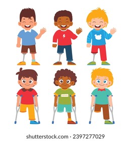 Grupo de niños pequeños con discapacidad. Niños discapacitados que usan palo y pierna protésica. Actividad de Accidente por Lesiones Médicas Objetos de Elemento Aislado. Ilustración vectorial de iconos de estilo plano