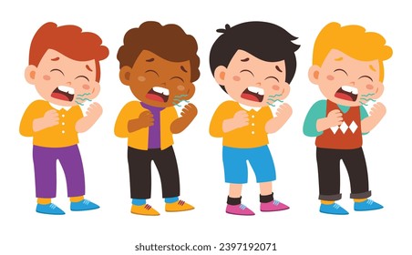 Group of Little Kid Sneezing and Coughing Pose Collection. Children Boys Infection Illness Symptoms. Prevention against Virus Activity Isolated Element Objects. Flat Style Icon Vector Illustration