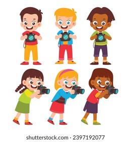 Group of Little Kid Using Camera Pose Collection. Children taking photo with camera. Tourism Photographer Travelling Activity Isolated Element Objects. Flat Style Icon Vector Illustration