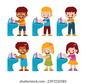 Group of Little Kid Washing Hands in Sink Pose Collection. Children cleaning hands for protection. Handwash Sink Activity Isolated Element Objects. Flat Style Icon Vector Illustration