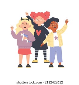 Group of little kids, standing full body front view, wave hello. Black boy, redhead curly girl with pigtails wearing glasses and blonde child in skirt waving hand. Diverse school cartoon character.