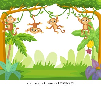 Group of little monkey hanging on tree branch