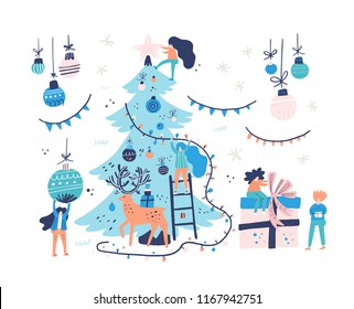 Group of little people decorating christmas tree. Xmas card illustration. Vector flat design of people decorating tree and wrapping up presents