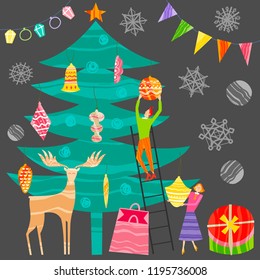 Group of little people decorating Christmas tree. Xmas and New Year greeting card concept. Winter holiday objects. Vector flat design with texture