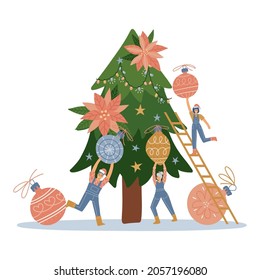 Group of little people decorating christmas tree. Xmas greeting card illustration. Vector flat design of cute tiny characters are preparing for winter holidays. Flat vector illustration.