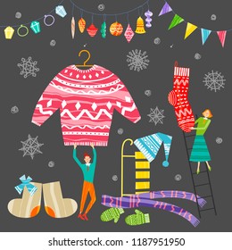 Group of little people decorating room by clothes. Xmas and New Year greeting card concept. Winter holiday objects. Vector flat design with texture