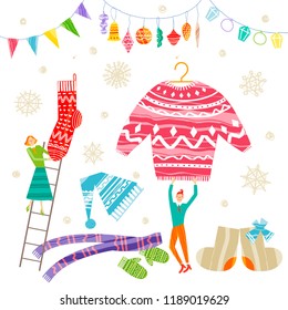 Group of little people decorating room by clothes. Xmas and New Year greeting card concept. Winter holiday objects. Vector flat design with texture