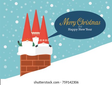 Group of Little Santa in chimney. Greeting card Vector illustration