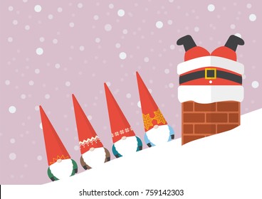 Group of Little Santa looking at Big santa stuck in chimney. greeting card