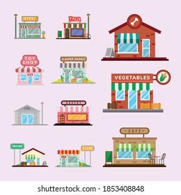 grupo de pequeñas tiendas fachadas diseño de ilustración vectorial